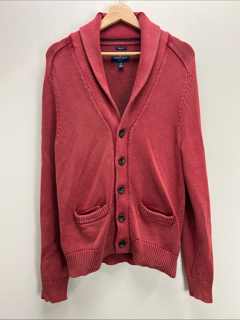 American Eagle Shawl Sweater Red Cardigan Mens Medium Preppy Grandpa Academia